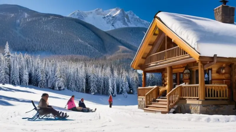 Un paisaje invernal idílico con nieve brillante, chalets acogedores y familias disfrutando de la nieve