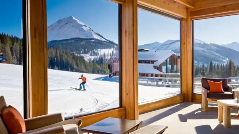 Un paisaje invernal con montañas nevadas, un lodge moderno, esquiadores coloridos y un ambiente acogedor