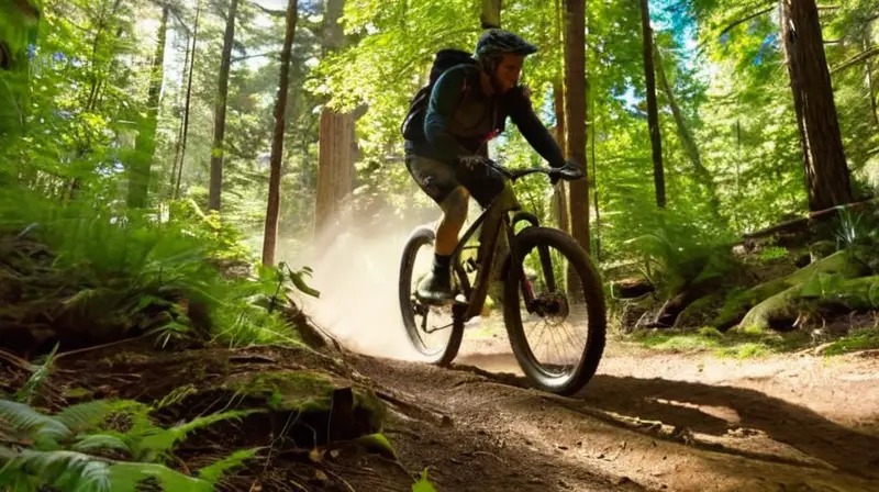 Un ciclista en un sendero forestal pedalea en su bicicleta mientras la luz del sol filtra entre los árboles y se oyen los sonidos de la naturaleza