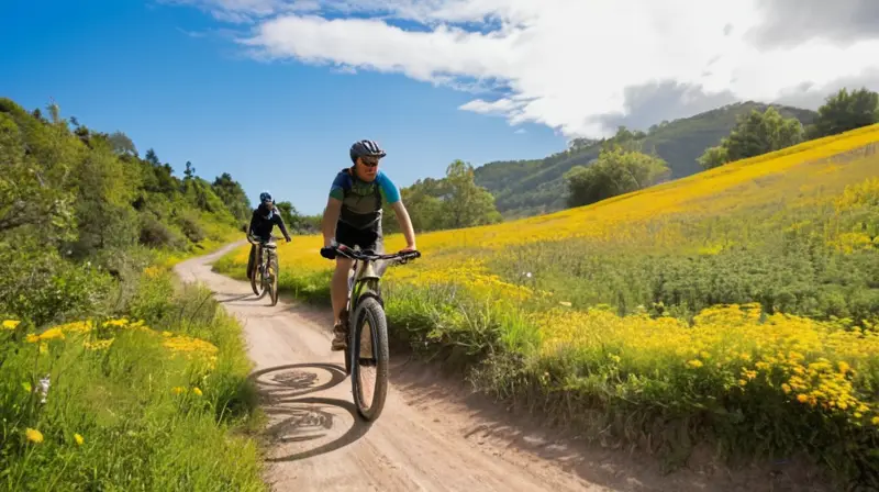 Un paisaje de colinas verdes con ciclistas en movimiento, senderos bien definidos y un ambiente vibrante de aventura y comunidad