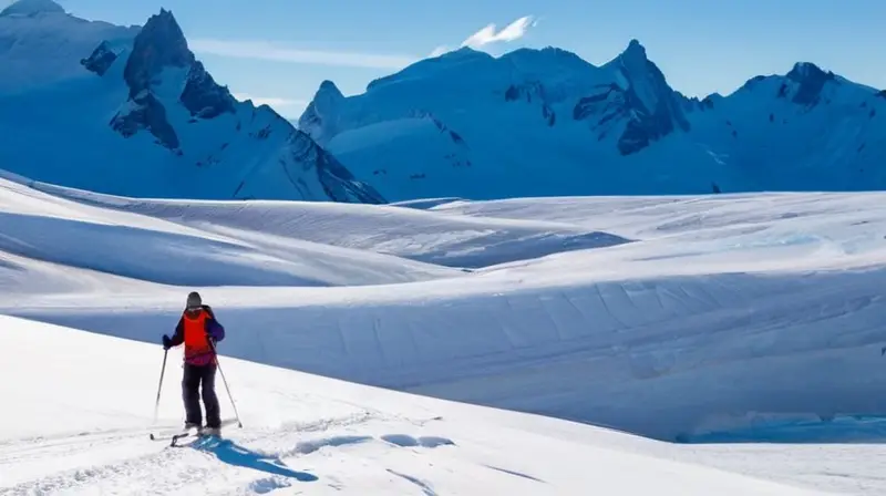 Un impresionante paisaje de montañas cubiertas de nieve y hielo, con esquiadores en acción bajo un cielo azul vibrante