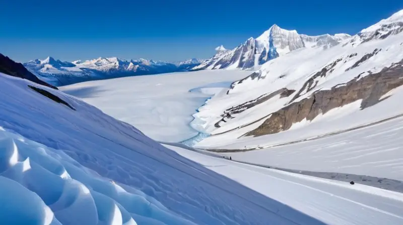 Un impresionante paisaje de glaciares con esquiadores en un entorno de hielo y nieve bajo un brillante sol