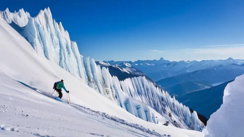 Un paisaje alpino impresionante con pendientes nevadas, formaciones de hielo y esquiadores en un cielo azul brillante