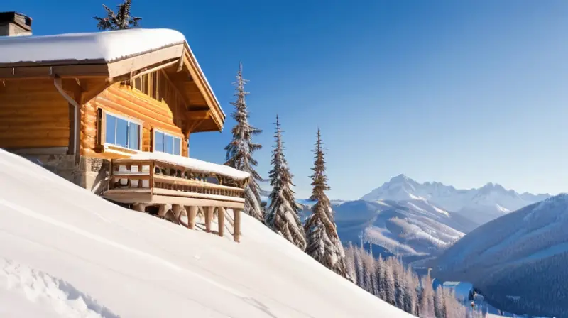 Un paisaje invernal de montañas cubiertas de nieve, esquiadores en coloridos trajes y cabañas humeantes bajo un cielo azul