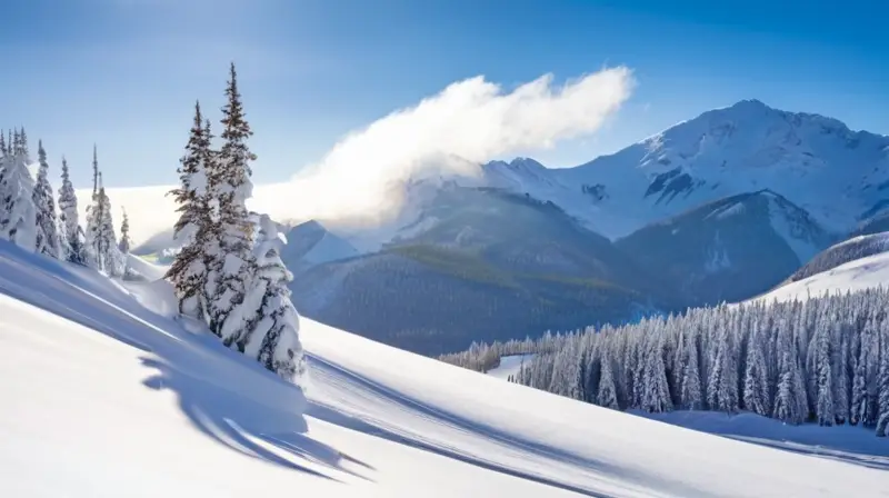 Un paisaje invernal de montañas cubiertas de nieve, esquiadores en acción y cabañas acogedoras bajo un cielo azul