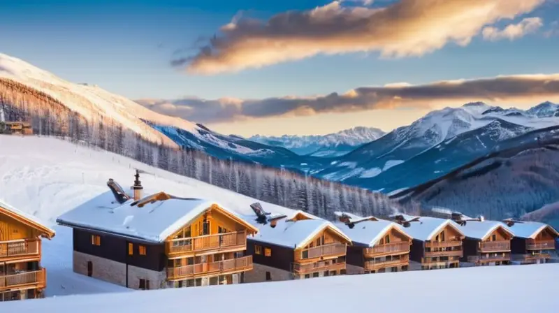 Un paisaje invernal en los Pirineos con esquiadores, cabañas de madera y montañas majestuosas bajo un cielo azul