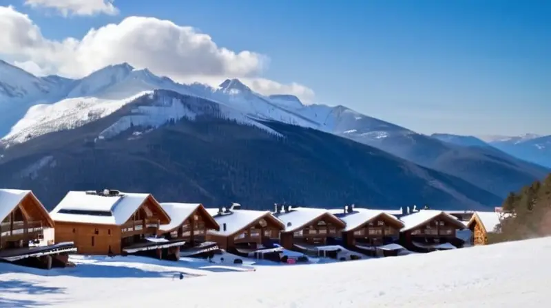 Un paisaje invernal vibrante con esquiadores en acción, montañas nevadas y un ambiente acogedor