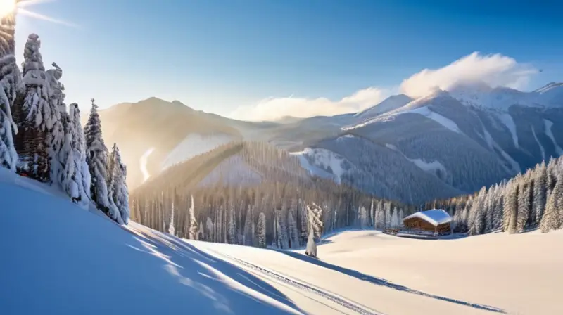 Un paisaje invernal sereno con montañas nevadas, esquiadores coloridos y chalets entre árboles