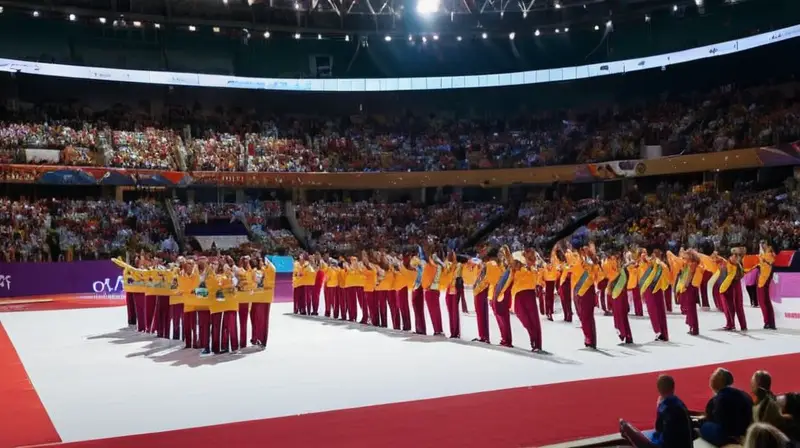 Una animada arena deportiva rebosante de espectadores celebra a los atletas con medallas y banderas, creando un ambiente vibrante de alegría y orgullo