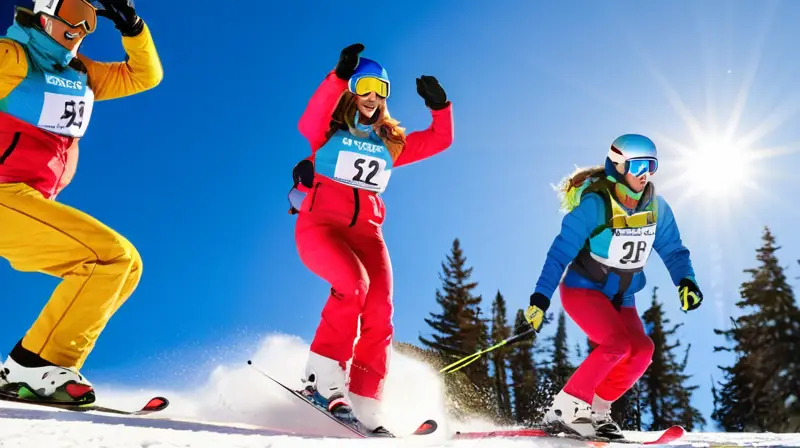 Una escena invernal vibrante con montañas nevadas, atletas esquiando, medallas brillantes y un ambiente de celebración