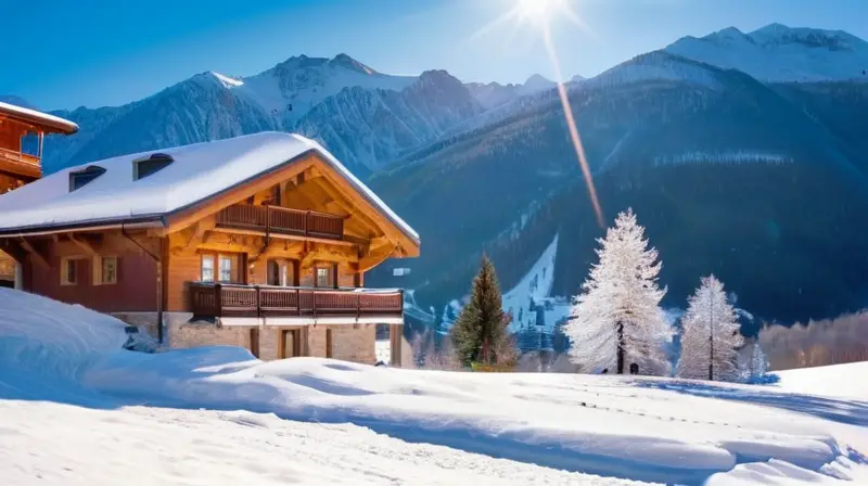 Un pintoresco pueblo invernal rodeado de montañas nevadas, con chalets de madera, esquiadores en movimiento y un ambiente acogedor