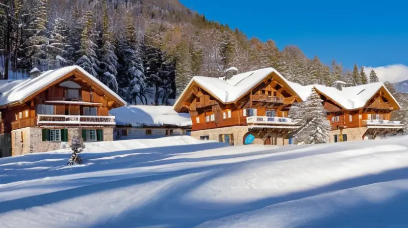 Un pintoresco pueblo invernal rodeado de montañas nevadas, con chalets de madera, esquiadores en acción y termas al aire libre que invitan a la relajación