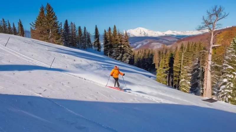 Un paisaje invernal alegre con familias esquiando, niños riendo, nieve brillante y acogedoras cabañas de madera