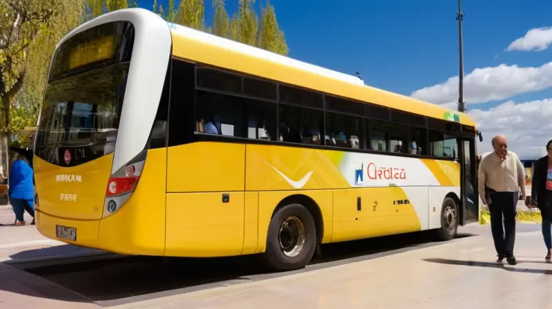 Una estación de autobuses bulliciosa con un autobús blanco brillante, pasajeros expectantes y un ambiente vibrante bajo el sol