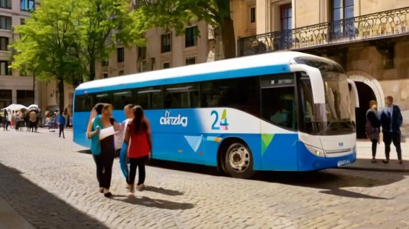 Un autobús blanco brillante está estacionado en una calle de adoquines