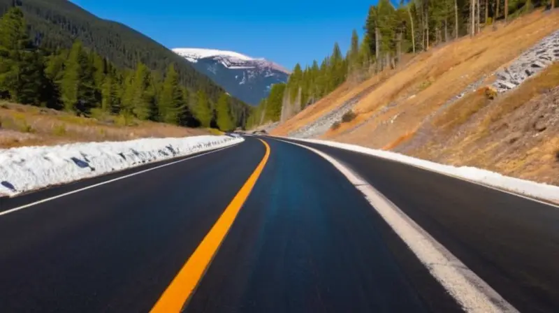 Una carretera sinuosa atraviesa montañas rugosas, rodeada de bosques de pinos y vehículos, con un paisaje vibrante bajo un cielo azul