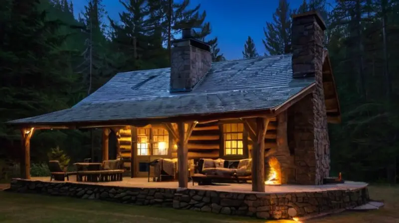 Una acogedora cabaña de madera rodeada de pinos, iluminada por una cálida luz dorada y con un ambiente nostálgico y sereno