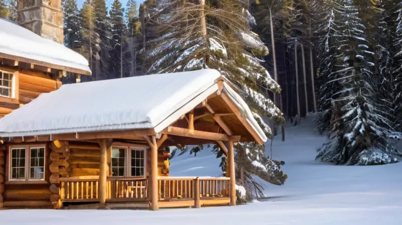 Cabañas de madera cubiertas de nieve entre pinos, con luz cálida, chimeneas humeantes y un ambiente acogedor de retiro invernal