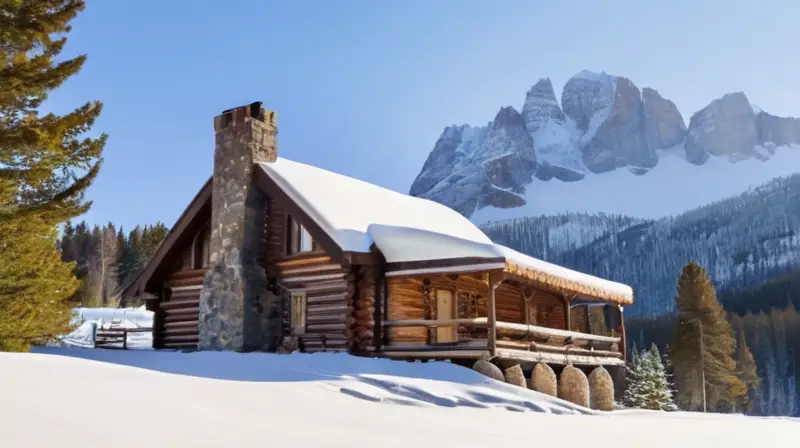 Cabaña de madera cubierta de nieve en un paisaje invernal sereno y acogedor