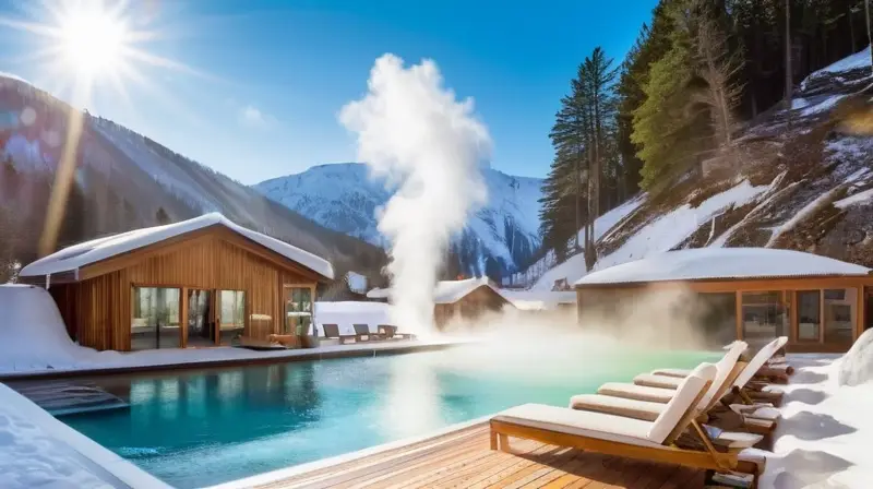 Un spa termal rodeado de montañas nevadas y vegetación verde, donde la gente se relaja en aguas cristalinas bajo un cielo azul