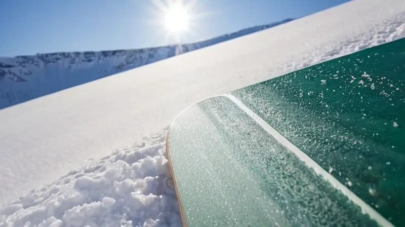 Un paisaje montañoso nevado y vibrante, con un snowboard brillante sobre la nieve, refleja la esencia emocionante de los deportes de invierno