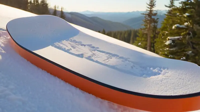 Un paisaje montañoso nevado con un snowboard en primer plano y un esquiador en la distancia, todo bajo un cielo azul brillante