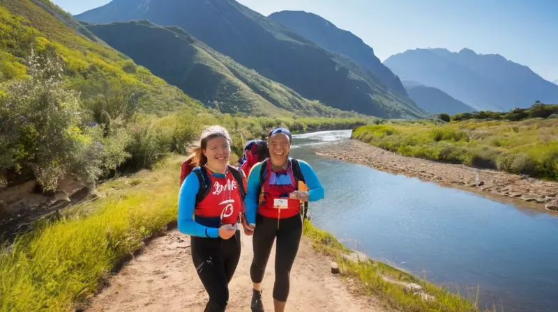 Una escena al aire libre vibrante con un cielo azul, montañas al fondo, un río brillante, participantes sonrientes en coloridos trajes deportivos y un público animado