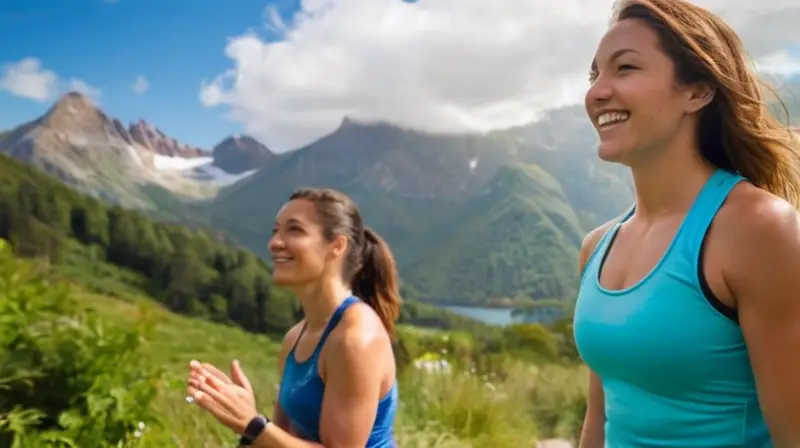 Una escena al aire libre vibrante con un cielo azul, montañas verdes, un lago reflejante y dos atletas sonrientes, Pau y Sara, celebrando con un público animado