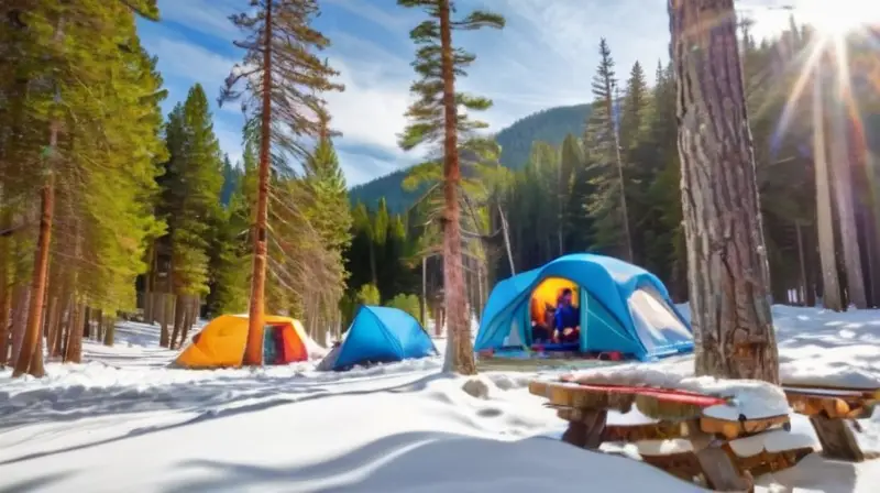 Un grupo de amigos disfruta de un acogedor campamento invernal entre montañas nevadas y árboles