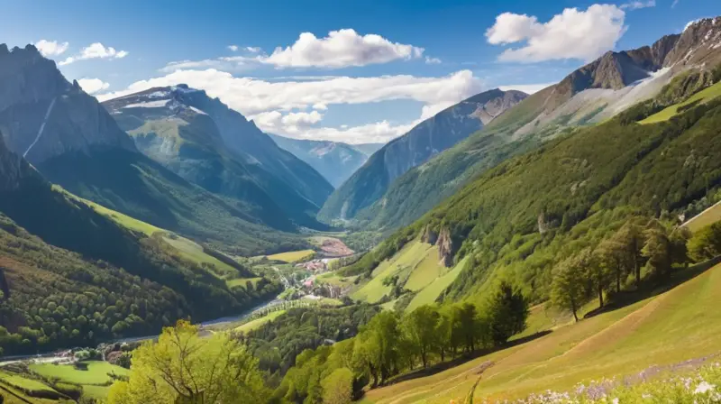 Una vista panorámica de los Pirineos muestra majestuosas montañas nevadas, valles verdes, un río brillante y un pintoresco pueblo