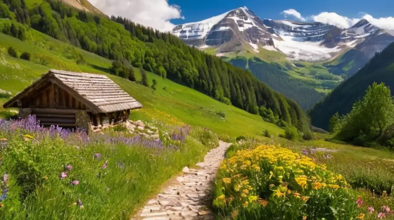 Un paisaje natural sereno con valles verdes, montañas, flores silvestres y personas disfrutando de la naturaleza