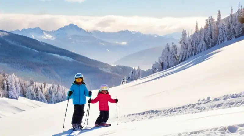 Un animado resort de esquí familiar con niños esquiando en un paisaje nevado bajo un cielo azul