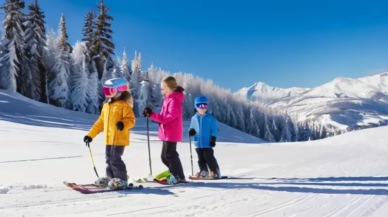 Un animado resort de esquí familiar con niños felices en trajes coloridos, nieve brillante, y un ambiente acogedor