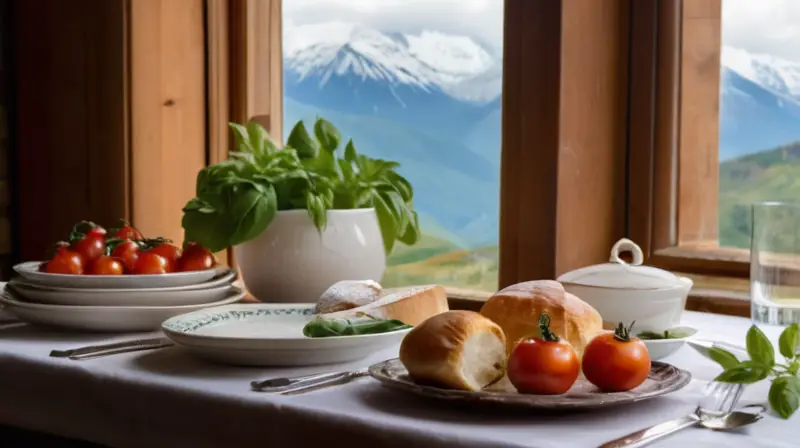 Una mesa rústica elegantemente dispuesta con platos de porcelana blanca y comida italiana fresca, en un ambiente acogedor con vista a las montañas