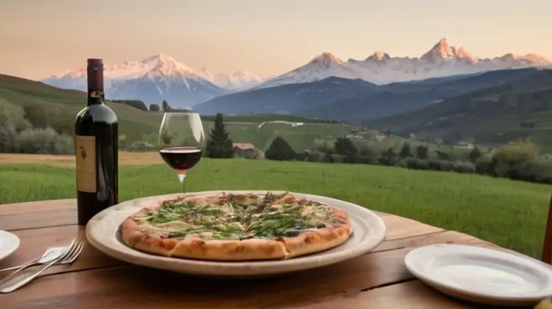 Una hermosa vista panorámica de montañas con un ambiente acogedor donde se disfrutan deliciosos platos italianos y vino