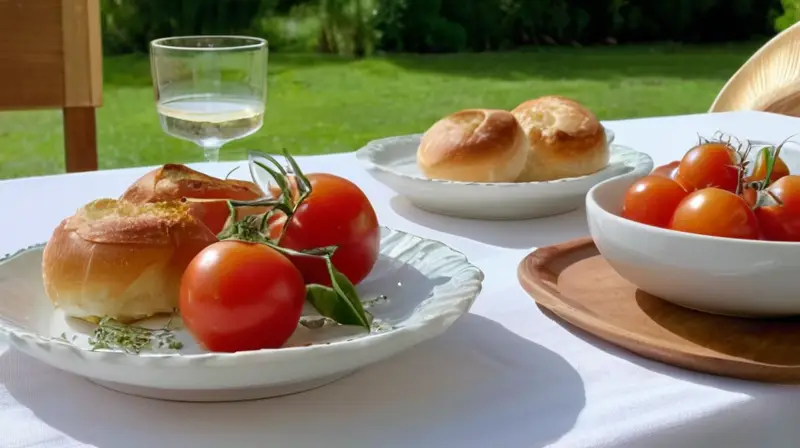 Una mesa rústica elegantemente dispuesta con platos de porcelana blanca y comida fresca