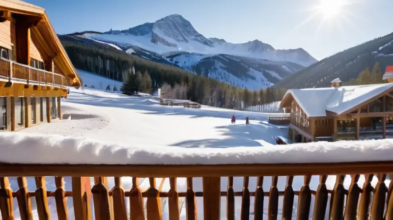 Un paisaje invernal vibrante con esquiadores, una cabaña acogedora y un ambiente festivo bajo un cielo azul