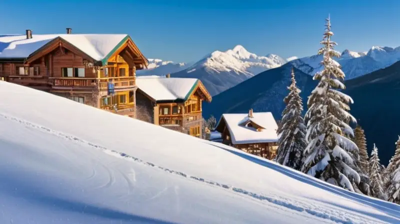 Un bullicioso resort de esquí con montañas nevadas