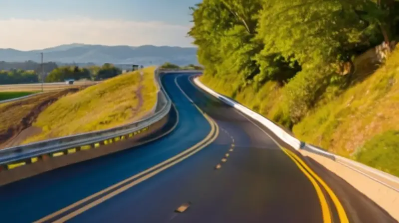 Una escena vibrante de una carretera con vehículos en movimiento, árboles verdes y un cielo azul, que refleja la actividad y el progreso de una comunidad