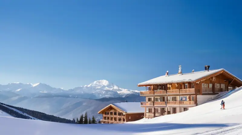 Un paisaje invernal con montañas nevadas, esquiadores coloridos y cabañas acogedoras bajo un cielo azul