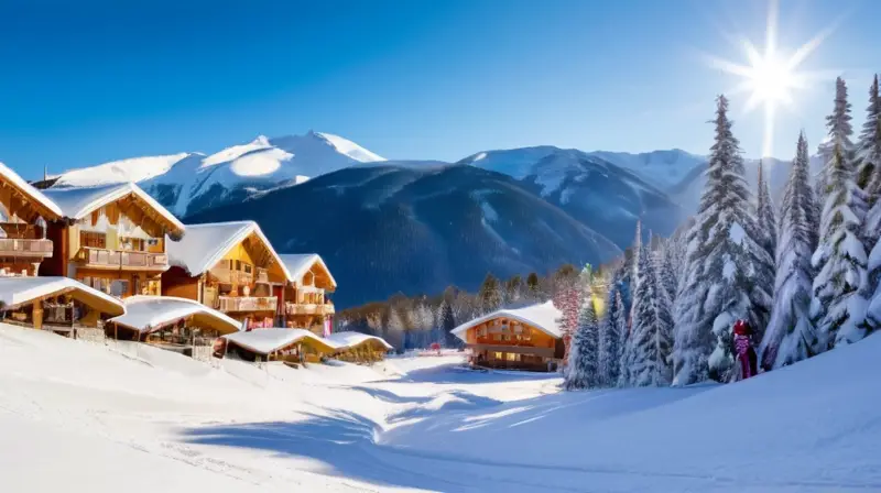 Un paisaje invernal alegre con familias esquiando, nieve brillante, montañas lejanas y un ambiente festivo