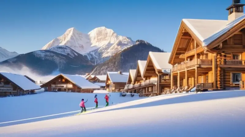 Un paisaje invernal idílico con montañas nevadas, chalets rústicos, esquiadores coloridos y un ambiente alegre