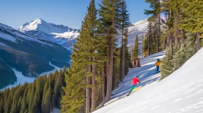 Un paisaje invernal con montañas nevadas, pinos verdes, chalets rústicos, esquiadores coloridos y un ambiente familiar acogedor