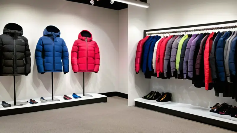 Un moderno showroom exhibe ropa de invierno en colores vibrantes, con detalles de alta calidad y un fondo de montañas nevadas que invita a la exploración