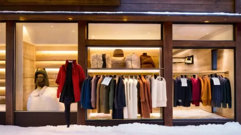 Una moderna tienda con grandes ventanales muestra ropa de invierno vibrante y acogedora, creando un ambiente cálido y comunitario en un paisaje nevado