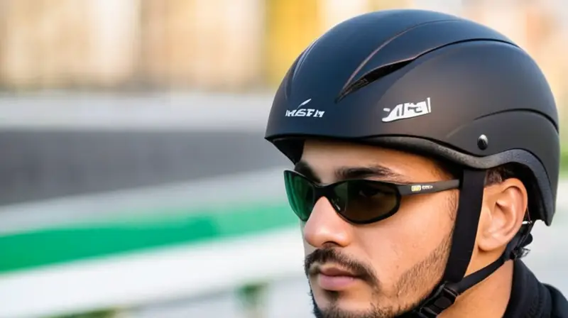 Un casco moderno y aerodinámico, negro mate con gafas integradas y detalles precisos, que combina innovación y practicidad