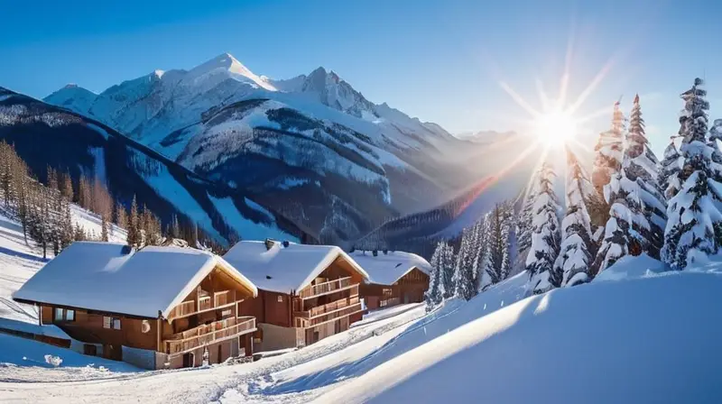 Un paisaje invernal de montañas nevadas, esquiadores en acción y chalets acogedores bajo un cielo azul