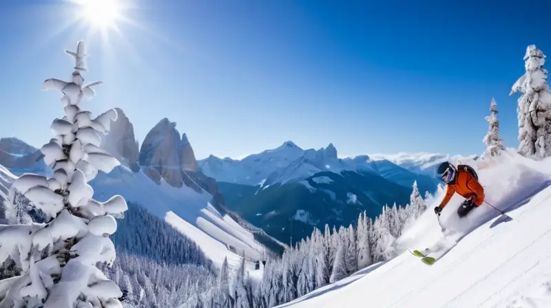 Un paisaje invernal con montañas, esquiadores y snowboarders disfrutando de la nieve bajo un cielo azul