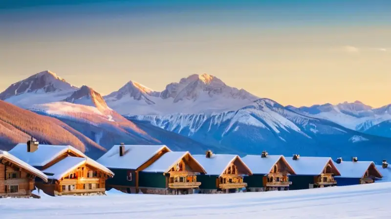 Un paisaje montañoso impresionante con picos nevados, esquiadores coloridos y cabañas acogedoras bajo un cielo azul