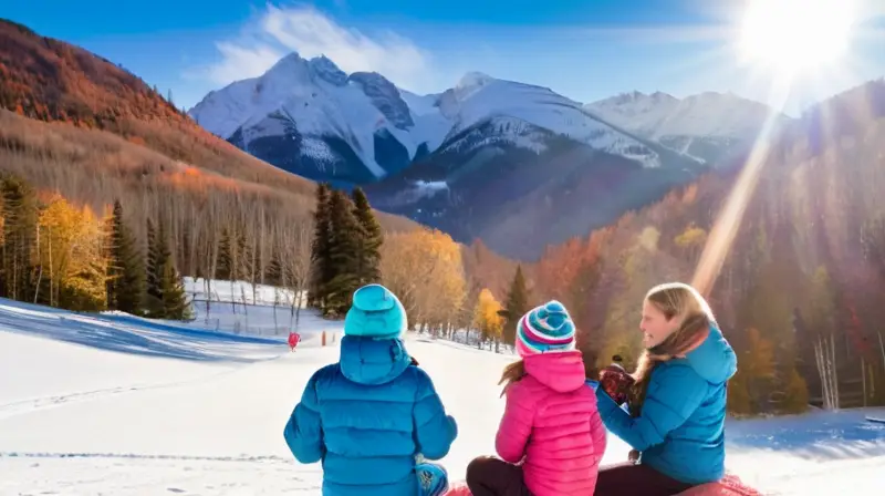 Un paisaje invernal lleno de montañas nevadas, familias felices, esquí y calidez acogedora